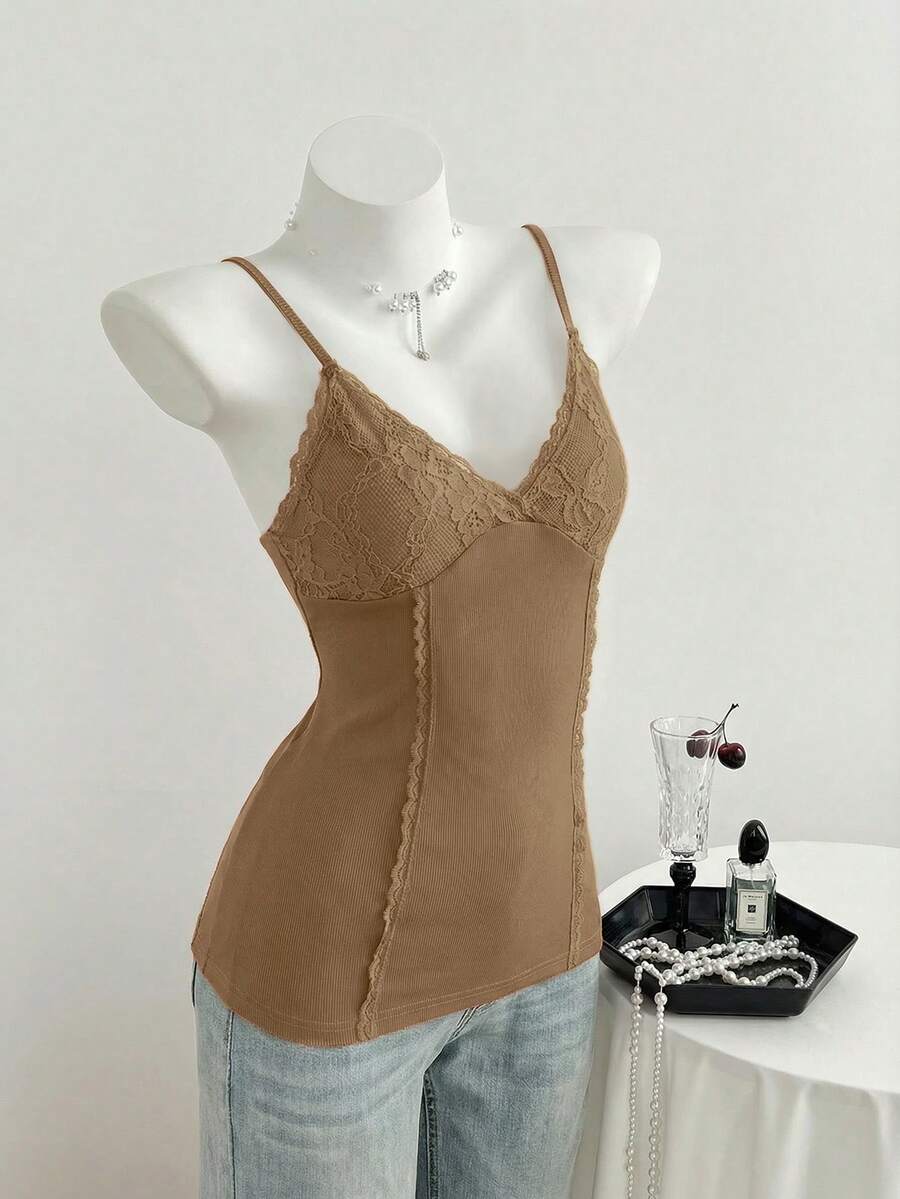 Women's slim fit backless cami tank top with contrast lace patchwork details, spaghetti straps, and high-stretch knitted ribbed fabric.
