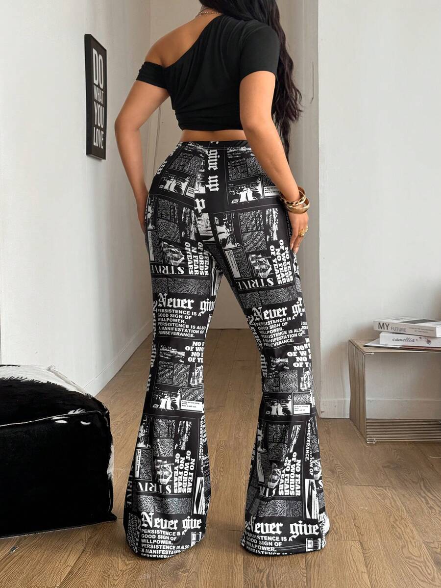 Women's plus size black flare leg pants with high elastic waist in stretchy knit fabric