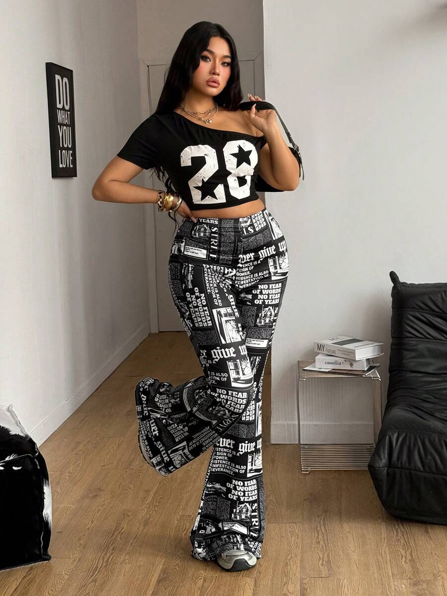 Women's plus size black flare leg pants with high elastic waist in stretchy knit fabric