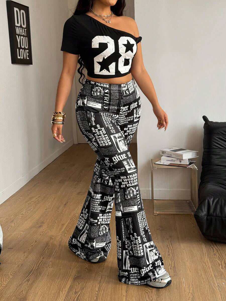 Women's plus size black flare leg pants with high elastic waist in stretchy knit fabric