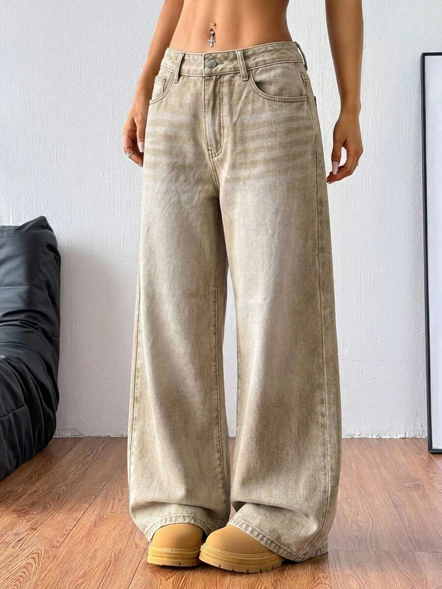 Women's loose wide-leg jeans in light wash denim with low waist and extra-long relaxed fit