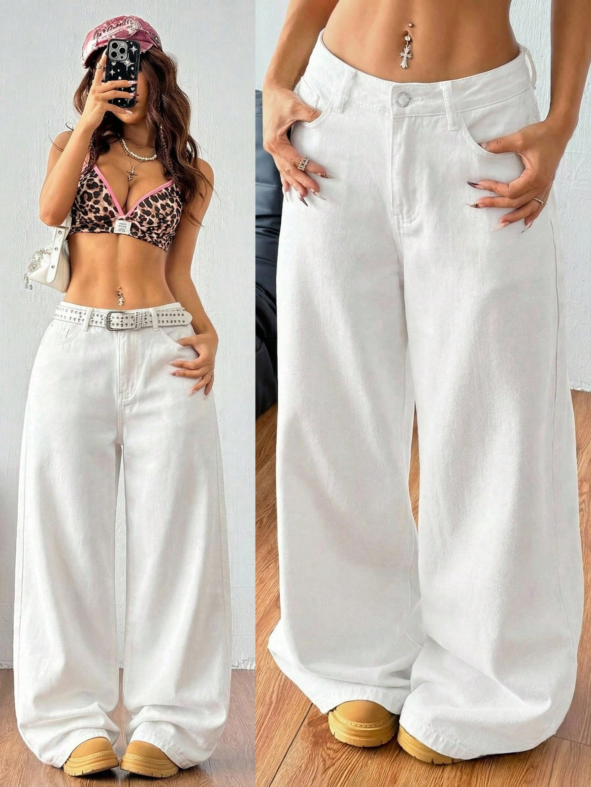 Women's casual loose fit wide leg denim jeans with functional pockets and low waist design.