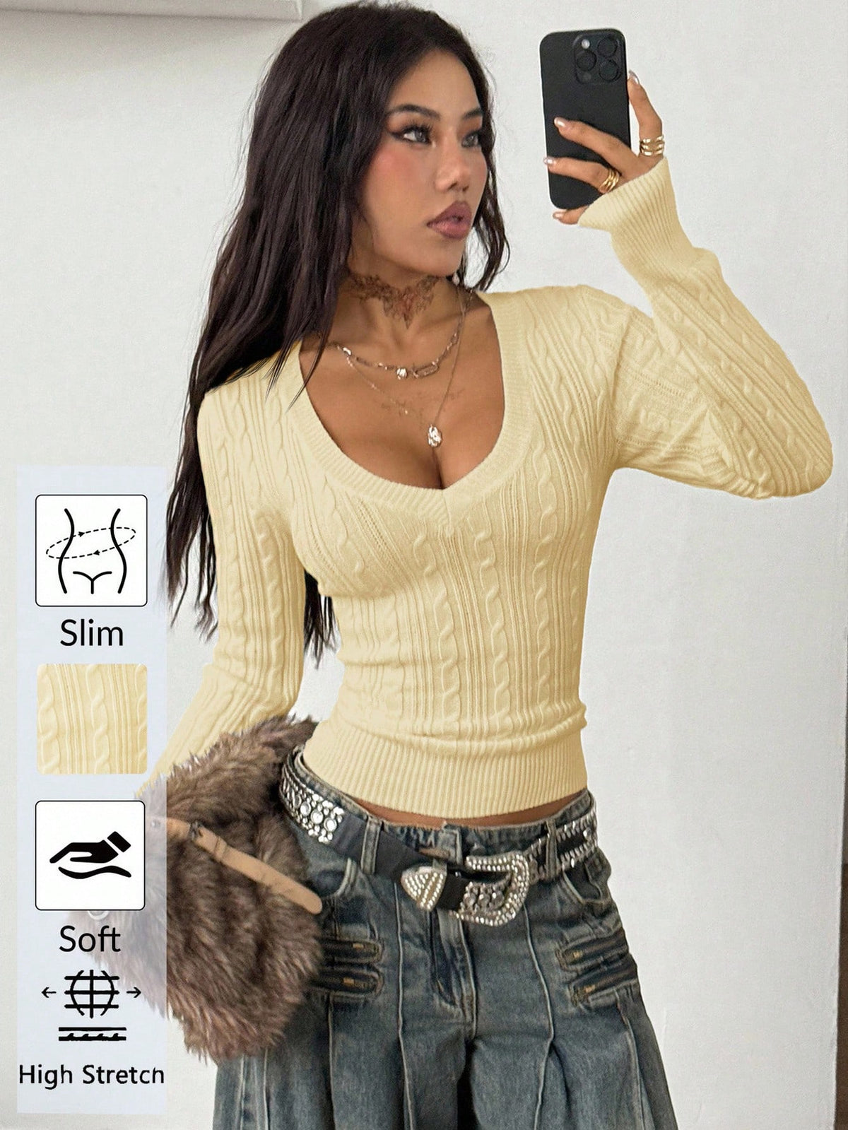 Women's slim fit cable-knit sweater with a V-neckline and long sleeves in solid green rib knit fabric.