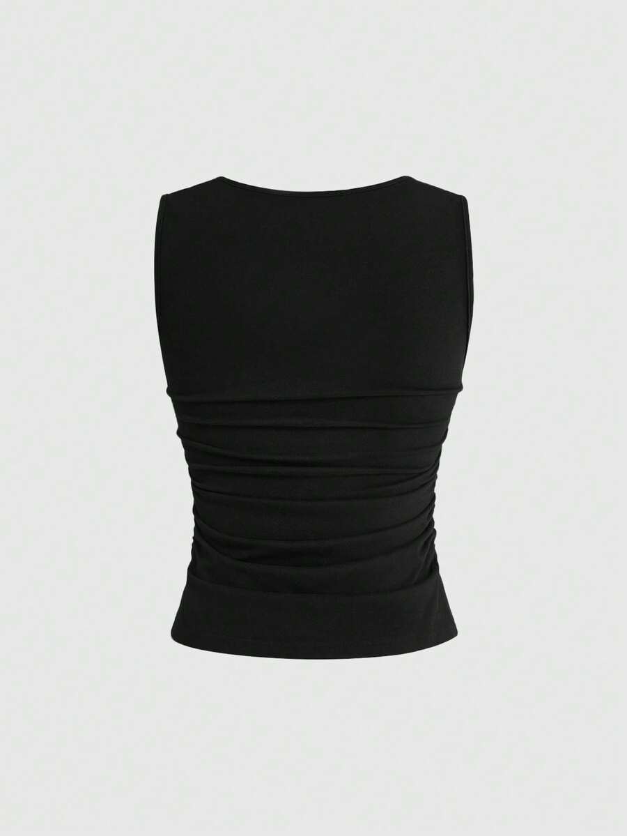 Fitted women's ruched tank top in stretch cotton knit featuring a square neckline and letter print pattern.