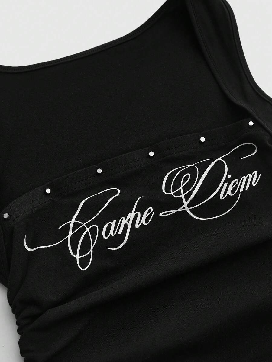 Fitted women's ruched tank top in stretch cotton knit featuring a square neckline and letter print pattern.