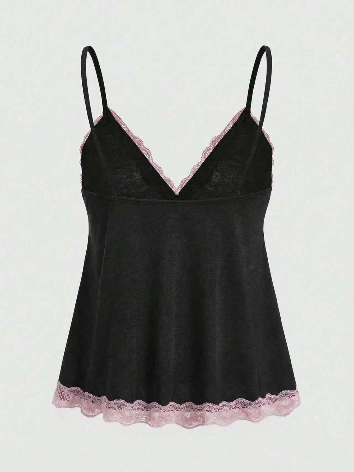 Women's spaghetti strap camisole with contrast lace patchwork, slim fit silhouette, plain design, and flared hem.