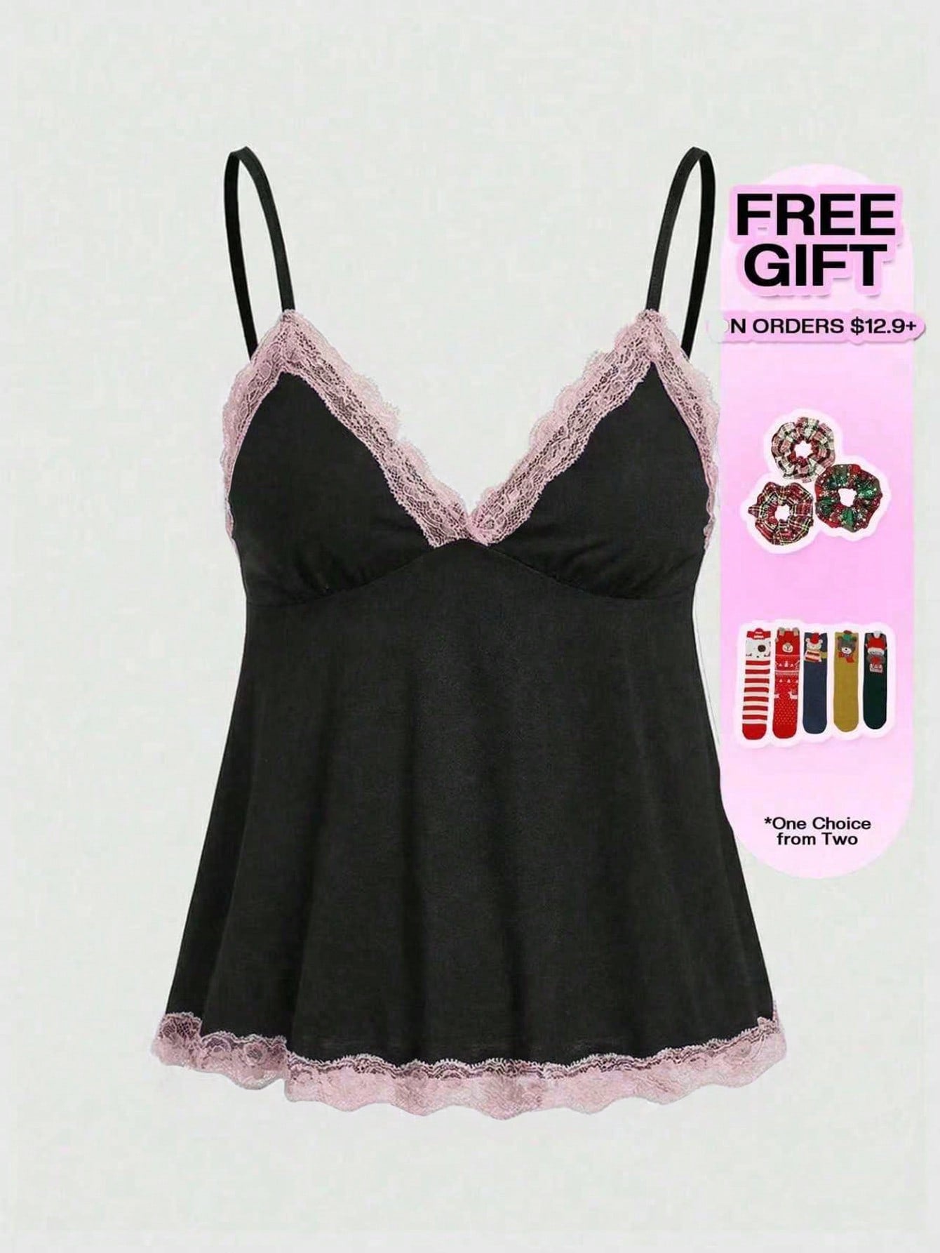 Women's spaghetti strap camisole with contrast lace patchwork, slim fit silhouette, plain design, and flared hem.