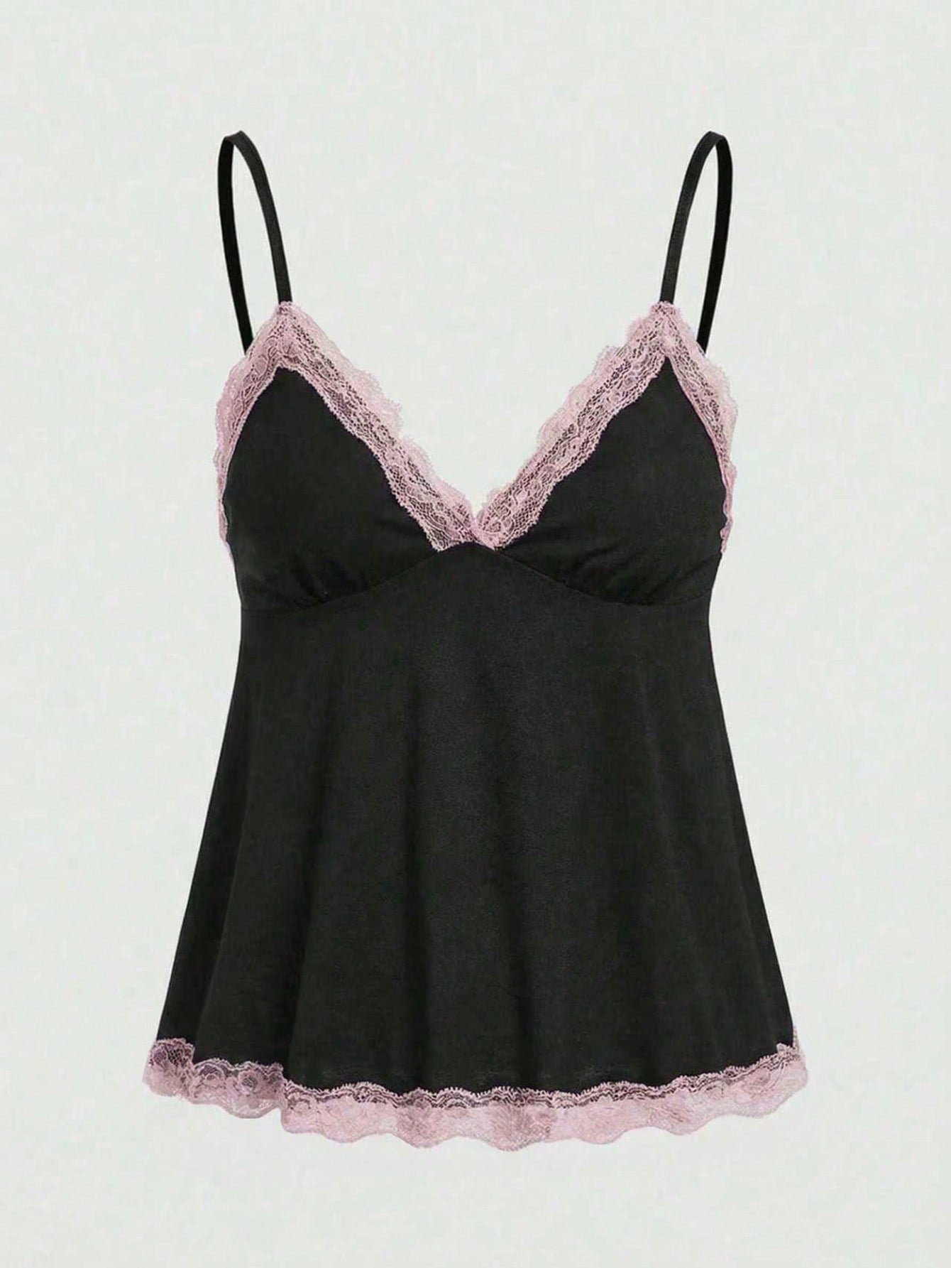 Women's spaghetti strap camisole with contrast lace patchwork, slim fit silhouette, plain design, and flared hem.