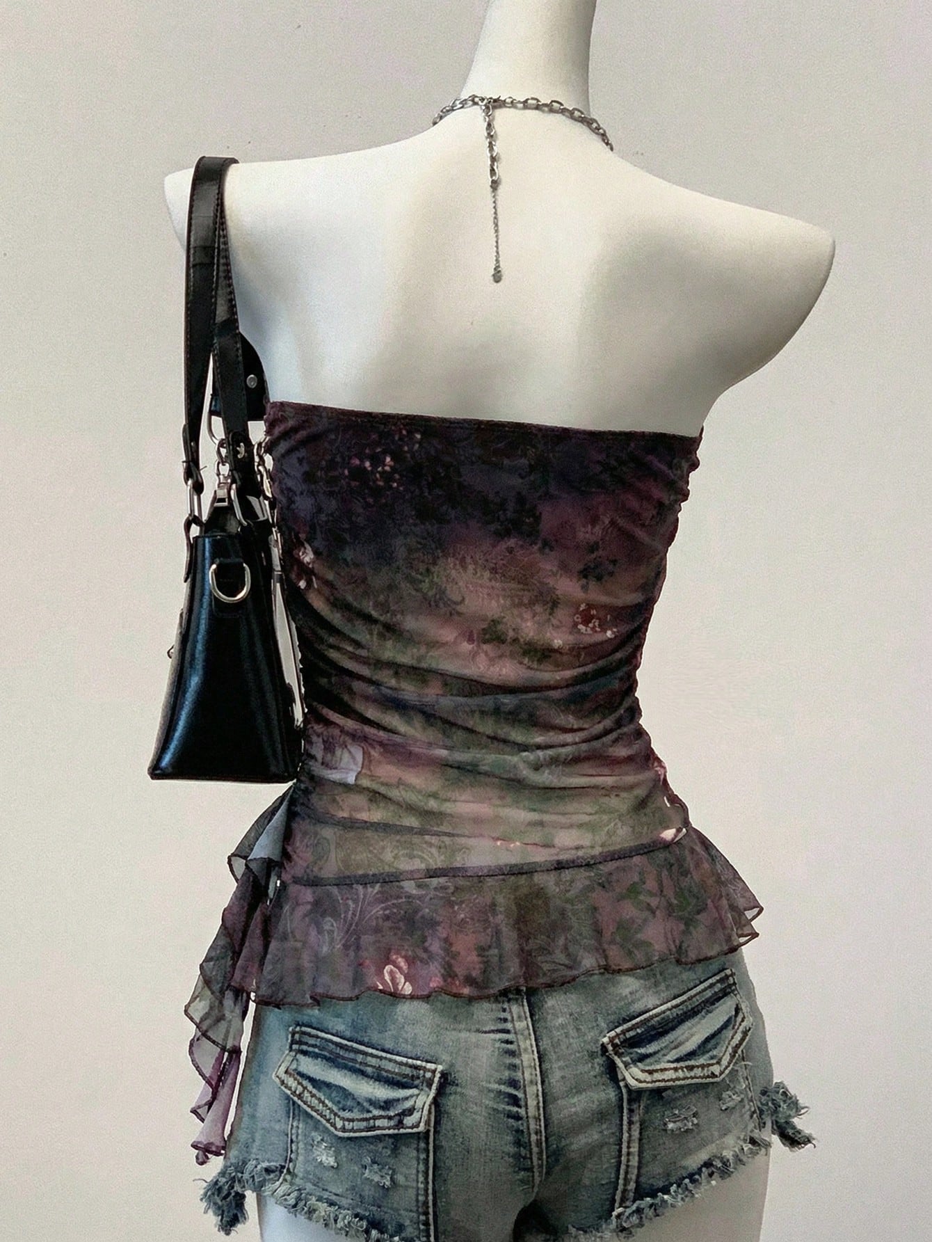 Women's Y2K floral printed mesh bandeau tube top with strapless neckline, ruched detail, ruffle hem, slim fit, and lined body