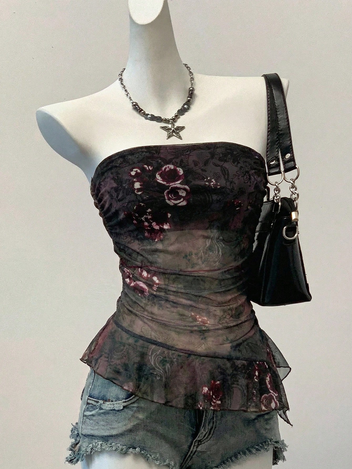 Women's Y2K floral printed mesh bandeau tube top with strapless neckline, ruched detail, ruffle hem, slim fit, and lined body