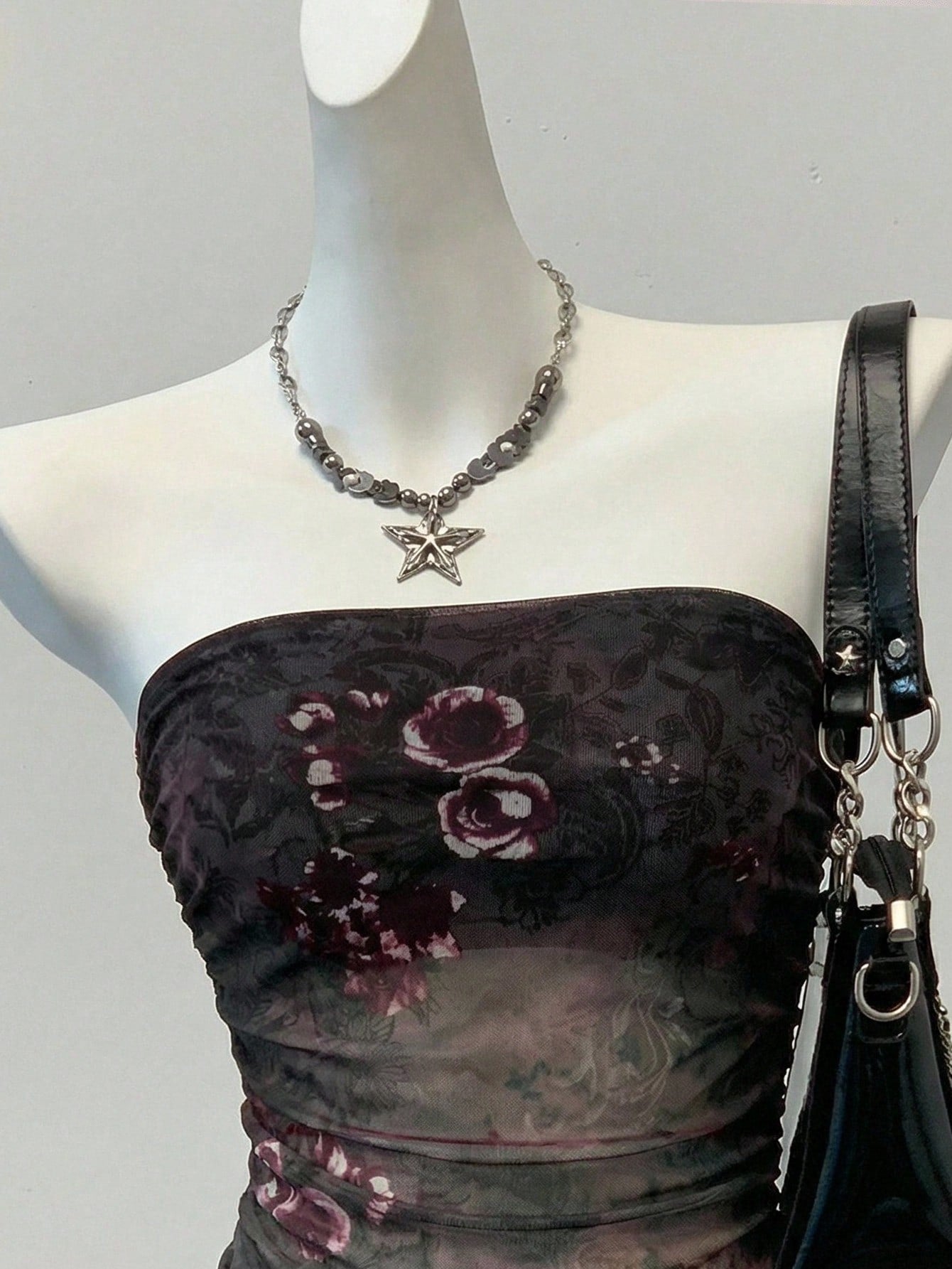 Women's Y2K floral printed mesh bandeau tube top with strapless neckline, ruched detail, ruffle hem, slim fit, and lined body