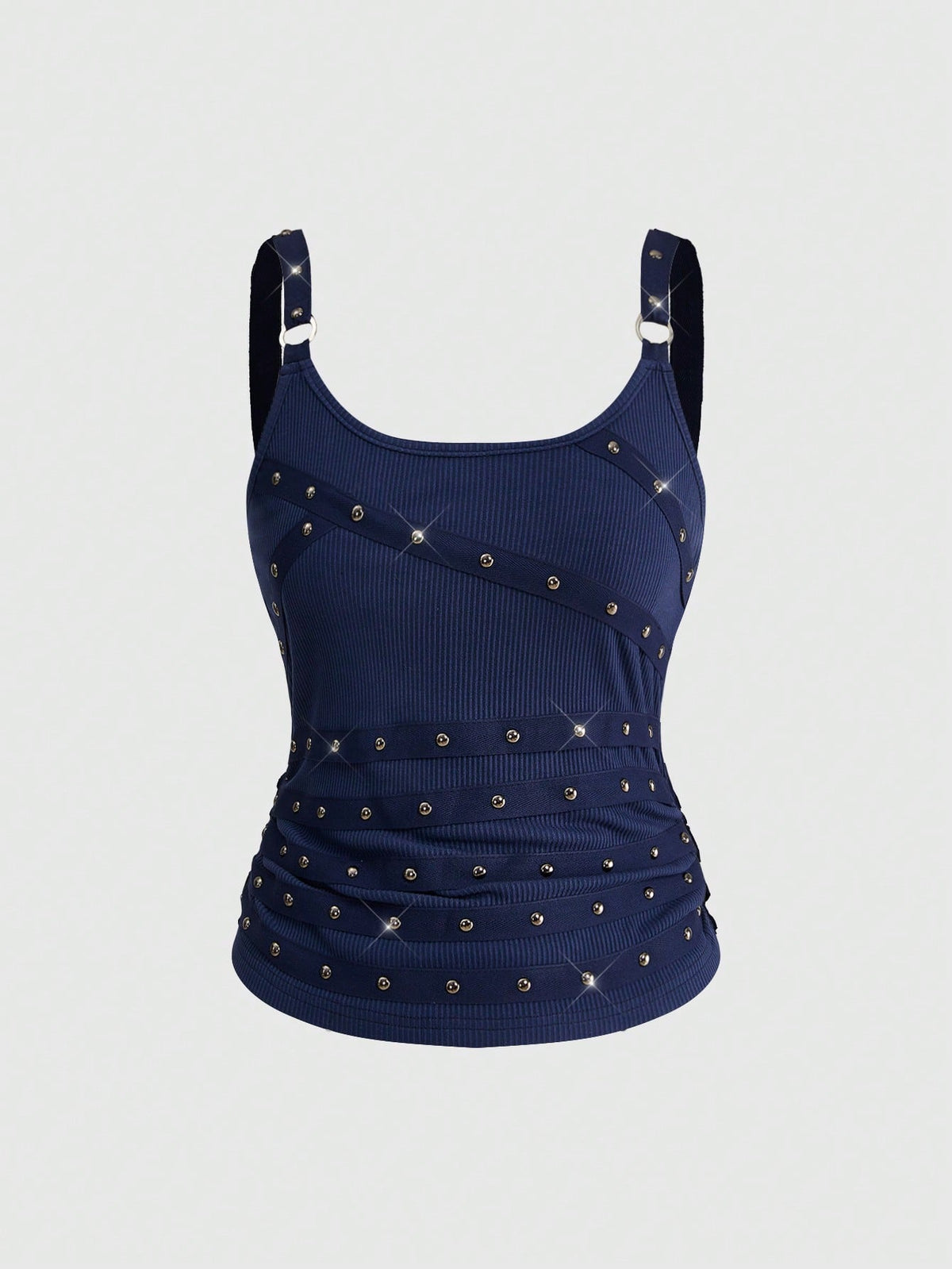 Women's wide-strap cami top featuring a grunge punk design with cut-out details, rhinestone embellishments, and grommet eyelets.