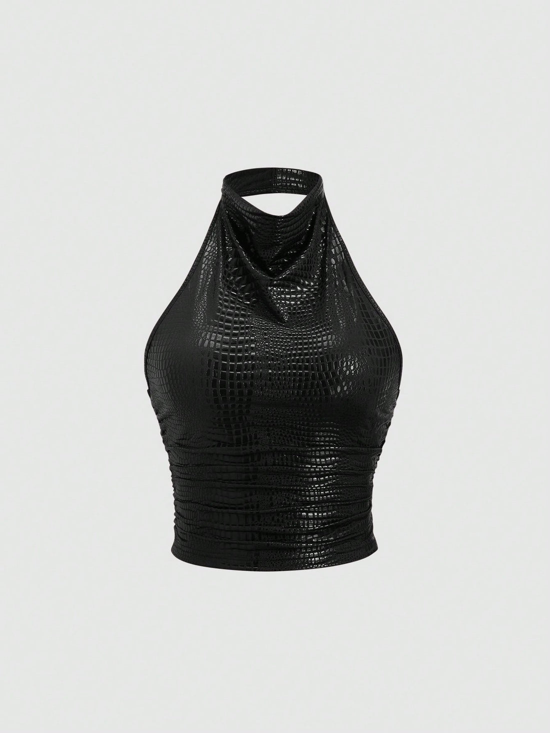 Sweetra women's black PU halter neck crop top with backless sleeveless design, draped ruched front, slim fit, and regular hem for party or stage wear.