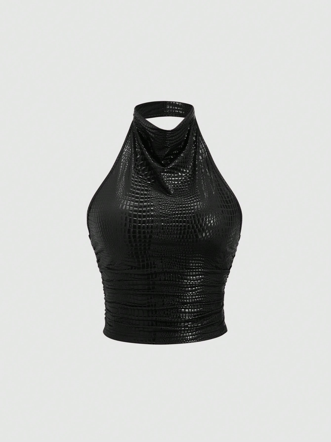 Sweetra women's black PU halter neck crop top with backless sleeveless design, draped ruched front, slim fit, and regular hem for party or stage wear.