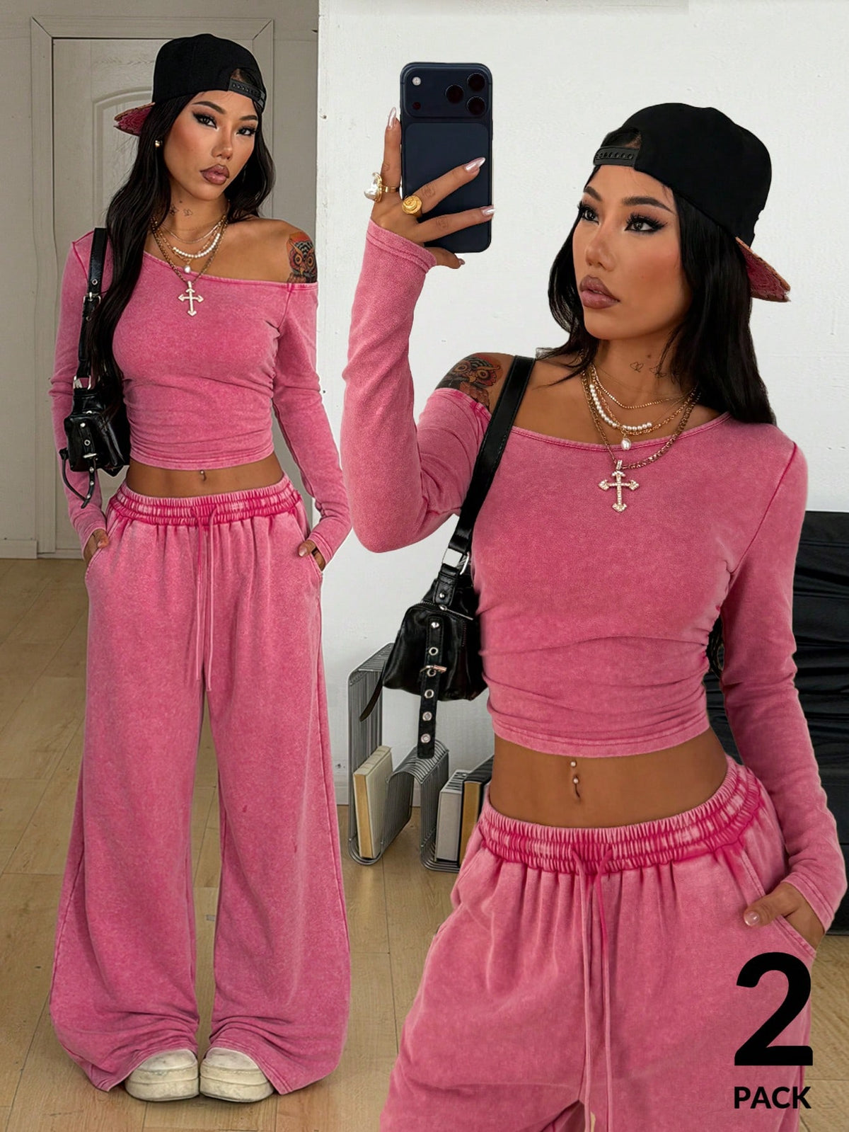 Women's two-piece knit lounge set featuring a black long sleeve asymmetrical crop top and matching high-waisted wide leg sweatpants.