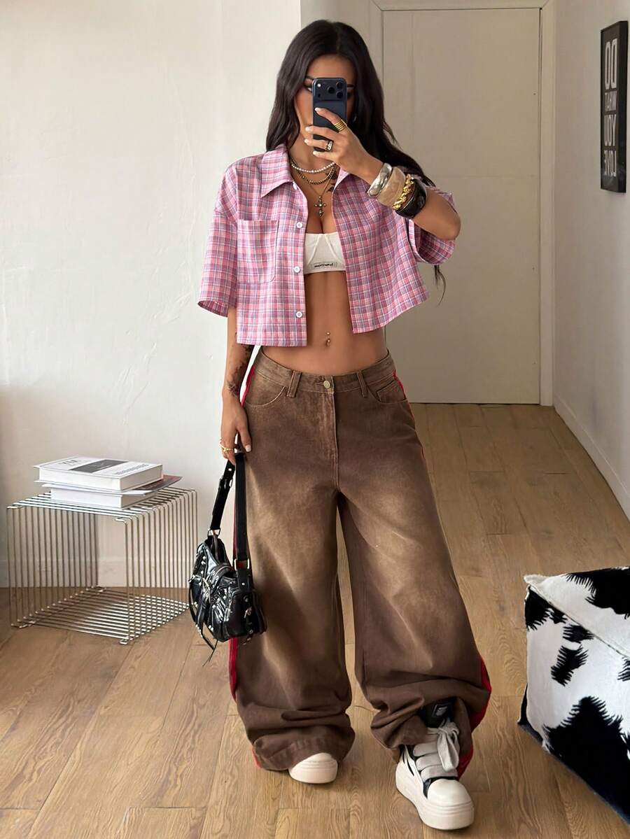 Women's plaid crop shirt with button front, chest pocket, short sleeves, and loose casual fit.