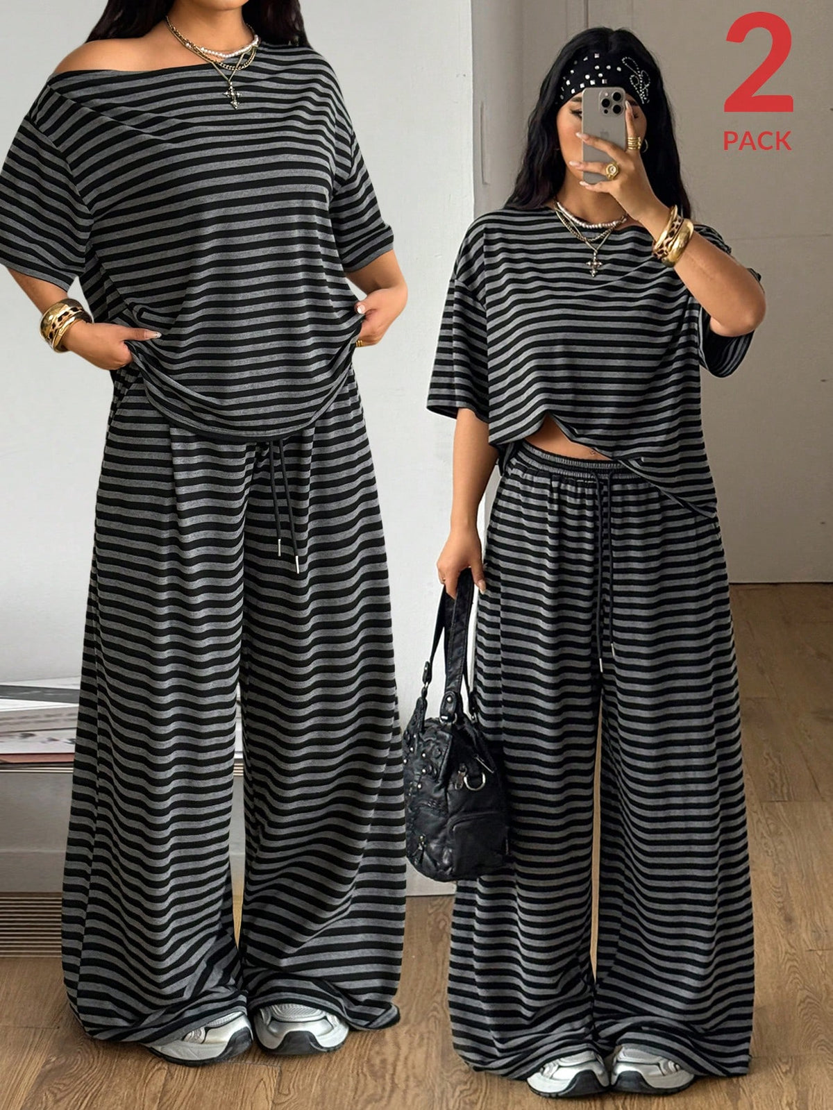 Women's casual two-piece outfit featuring a loose short-sleeve asymmetrical neck t-shirt and matching long wide leg pants with pockets.