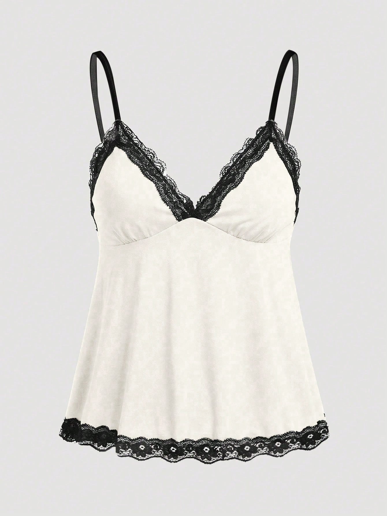 Women's spaghetti strap camisole with contrast lace patchwork, slim fit silhouette, plain design, and flared hem.