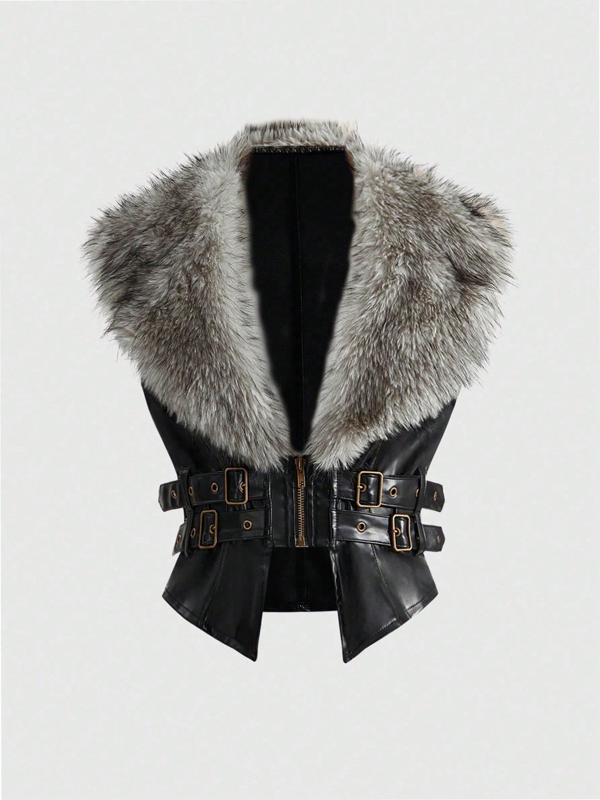 Women's slim fit cropped PU leather jacket featuring a detachable contrast faux fur shawl collar and a belted waist.