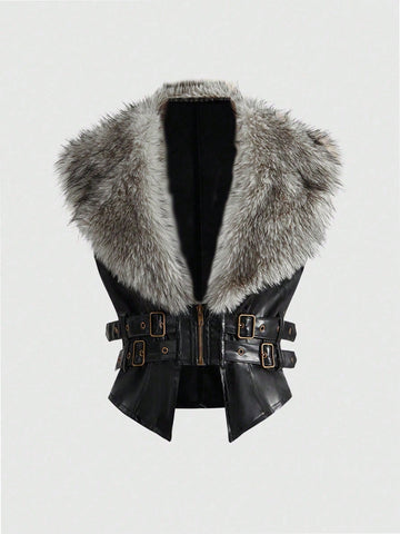 Women's slim fit cropped PU leather jacket featuring a detachable contrast faux fur shawl collar and a belted waist.