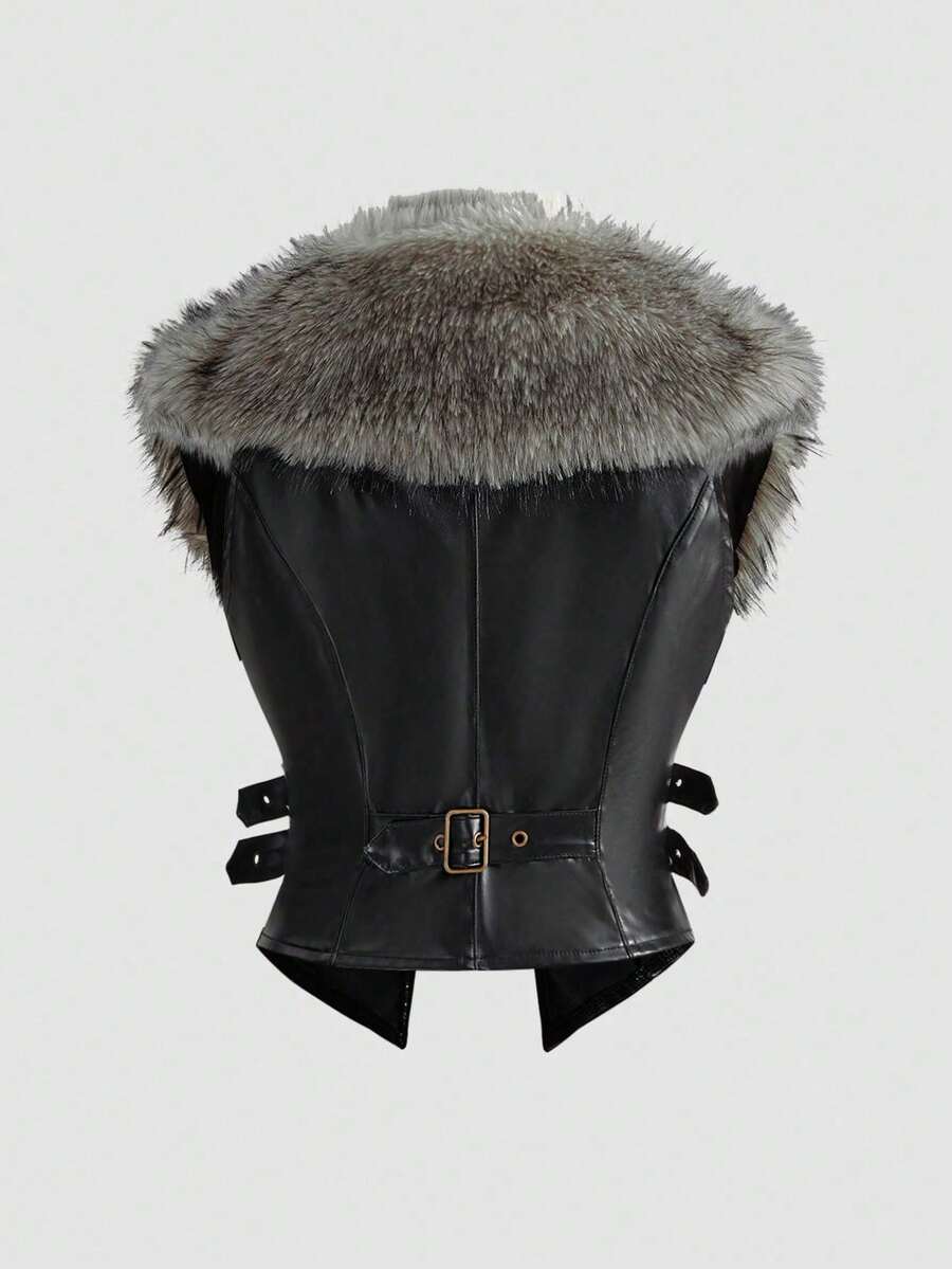 Women's slim fit cropped PU leather jacket featuring a detachable contrast faux fur shawl collar and a belted waist.