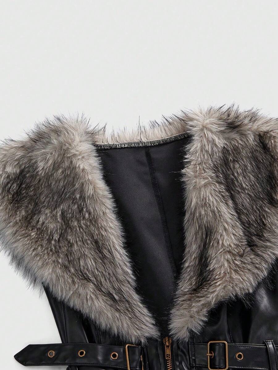 Women's slim fit cropped PU leather jacket featuring a detachable contrast faux fur shawl collar and a belted waist.