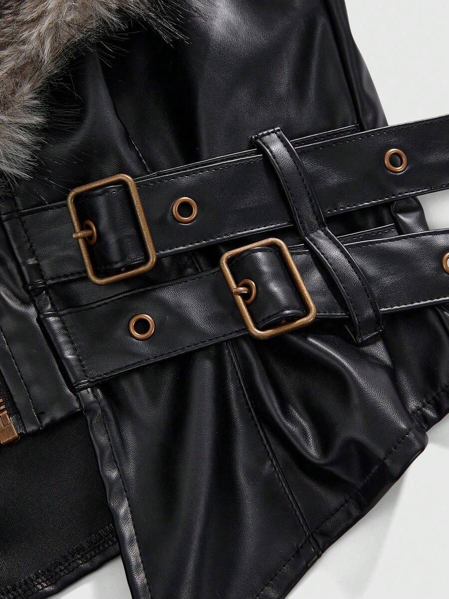 Women's slim fit cropped PU leather jacket featuring a detachable contrast faux fur shawl collar and a belted waist.