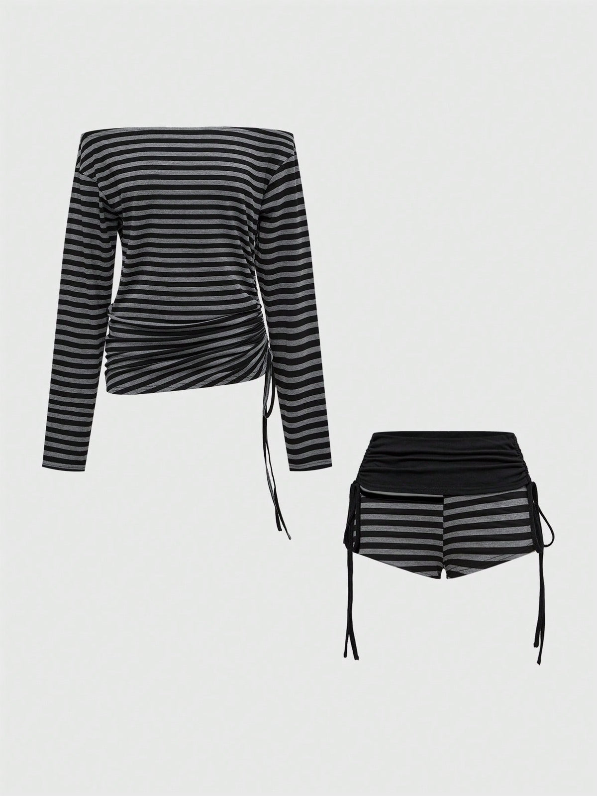 Women's black striped off-the-shoulder top with ruched drawstring knot detailing and extra-long sleeves.