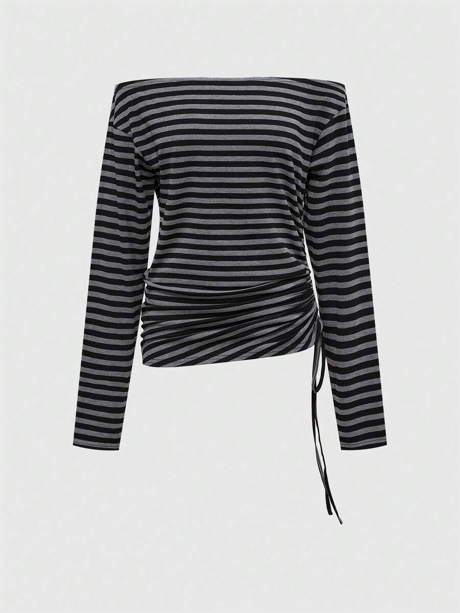 Women's black striped off-the-shoulder top with ruched drawstring knot detailing and extra-long sleeves.