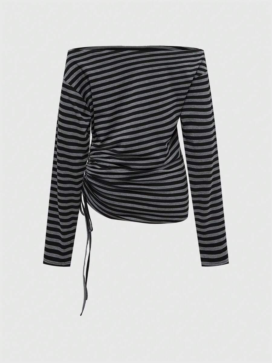 Women's black striped off-the-shoulder top with ruched drawstring knot detailing and extra-long sleeves.