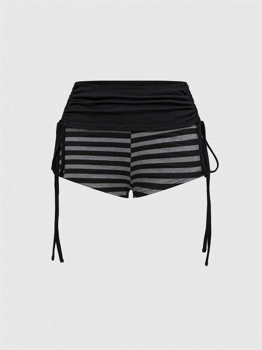 Women's black striped off-the-shoulder top with ruched drawstring knot detailing and extra-long sleeves.