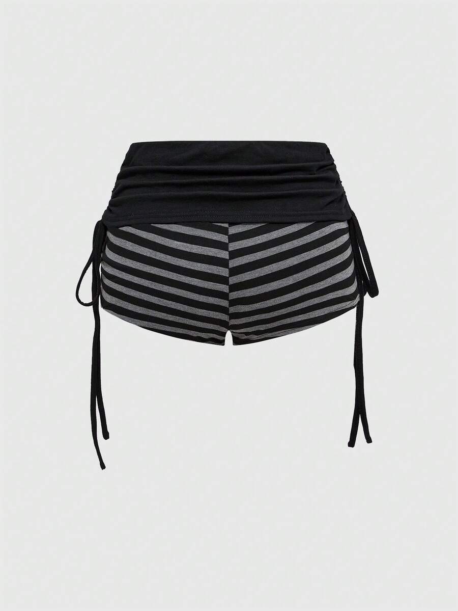 Women's black striped off-the-shoulder top with ruched drawstring knot detailing and extra-long sleeves.