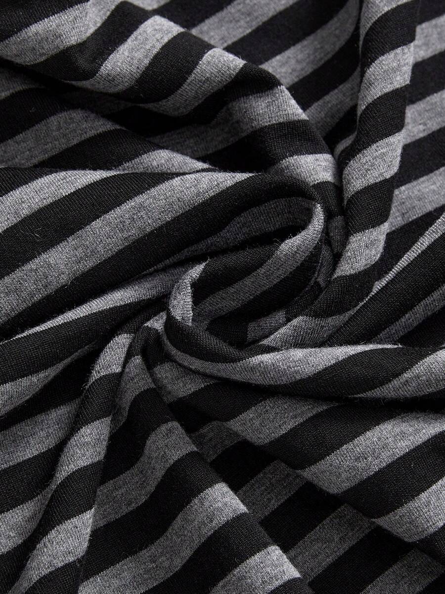 Women's black striped off-the-shoulder top with ruched drawstring knot detailing and extra-long sleeves.
