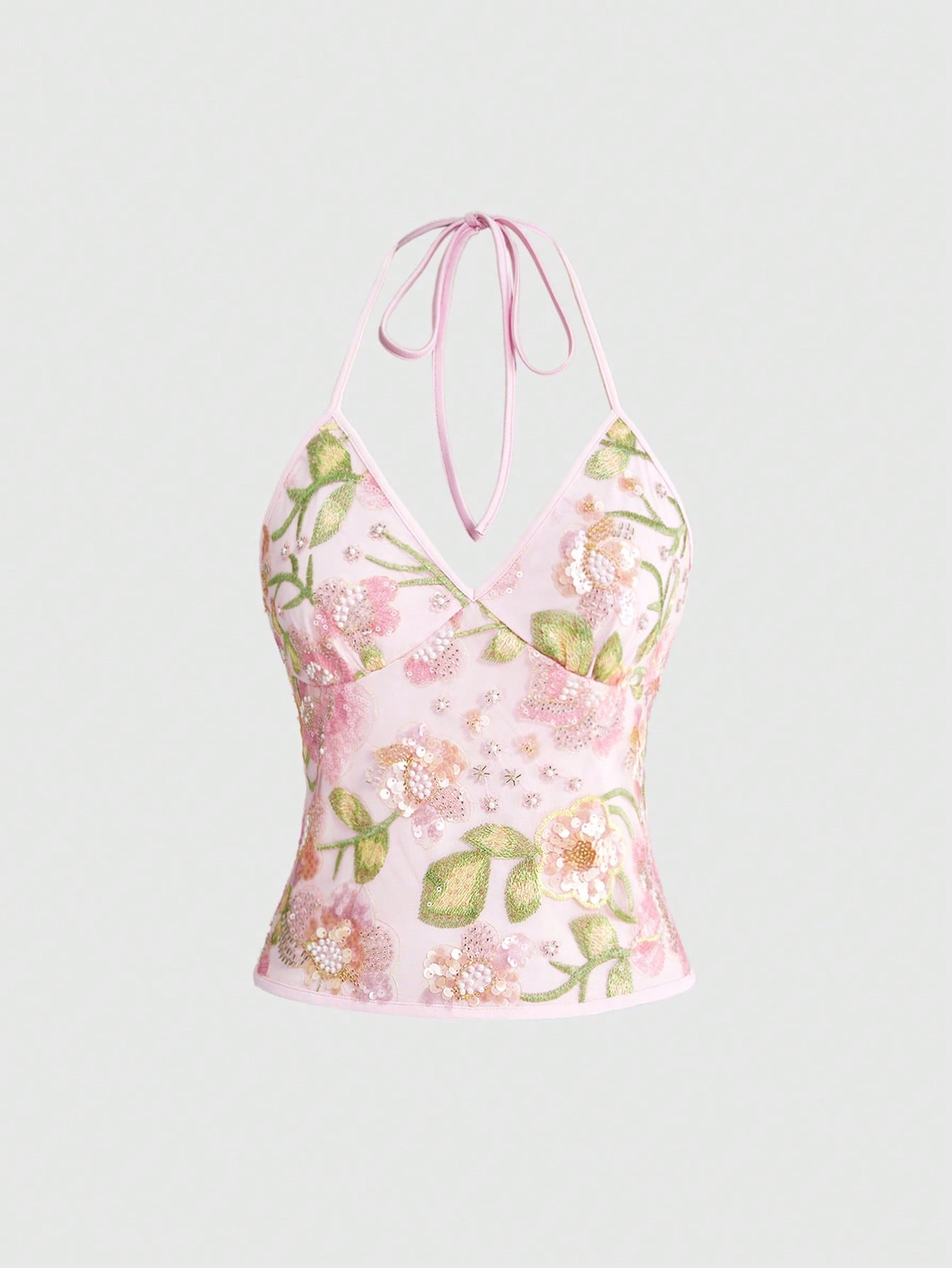 Women's floral embroidery faux pearl tie-neck crop cami top with contrast lace, ruched detail, and backless boho styling