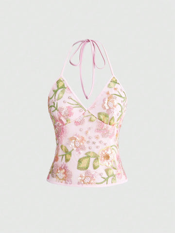 Women's floral embroidery faux pearl tie-neck crop cami top with contrast lace, ruched detail, and backless boho styling