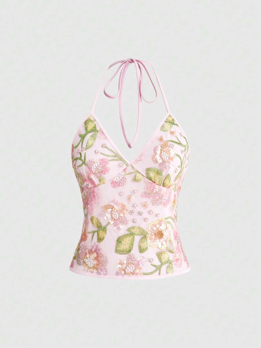 Women's floral embroidery faux pearl tie-neck crop cami top with contrast lace, ruched detail, and backless boho styling