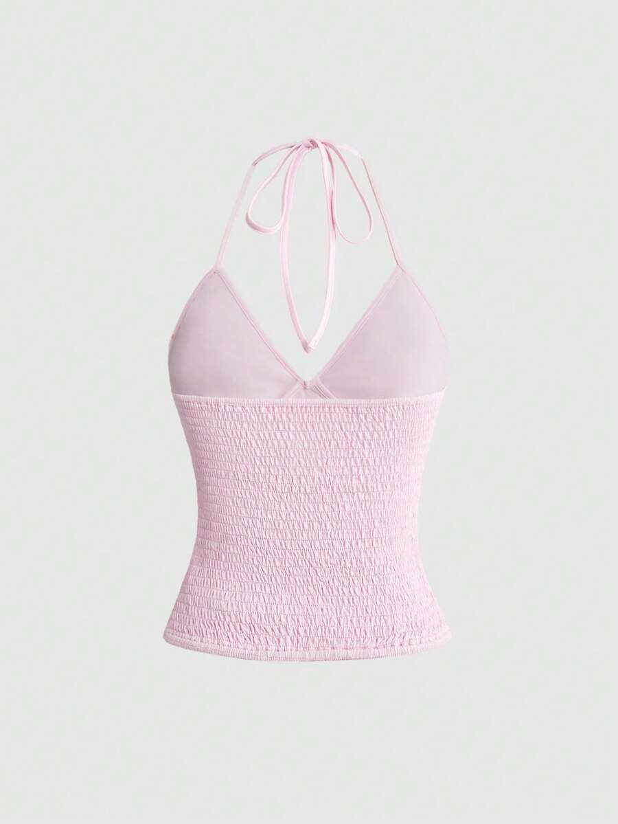 Women's floral embroidery faux pearl tie-neck crop cami top with contrast lace, ruched detail, and backless boho styling