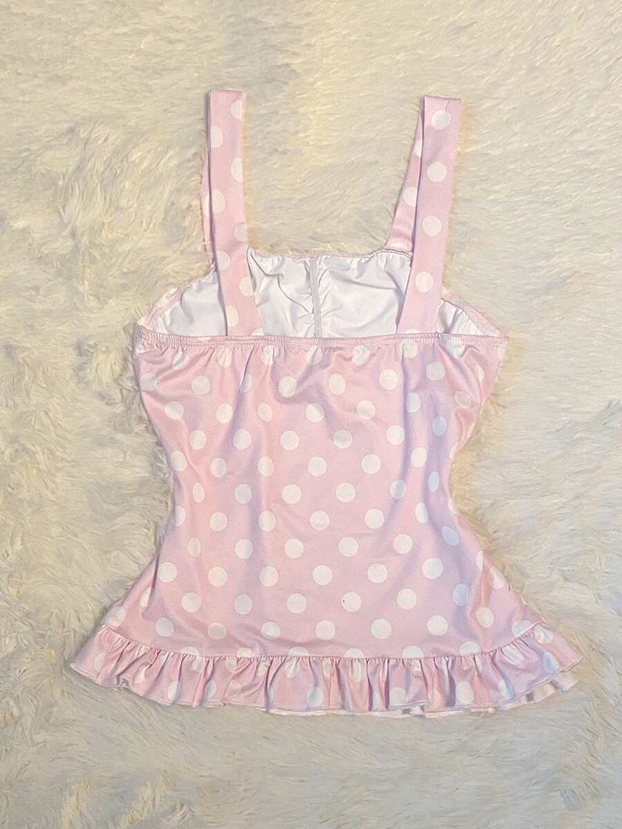 Women's retro slim-fit crop top featuring wide straps, ruched shirred detailing, asymmetrical ruffle hem, and cute bow accent.