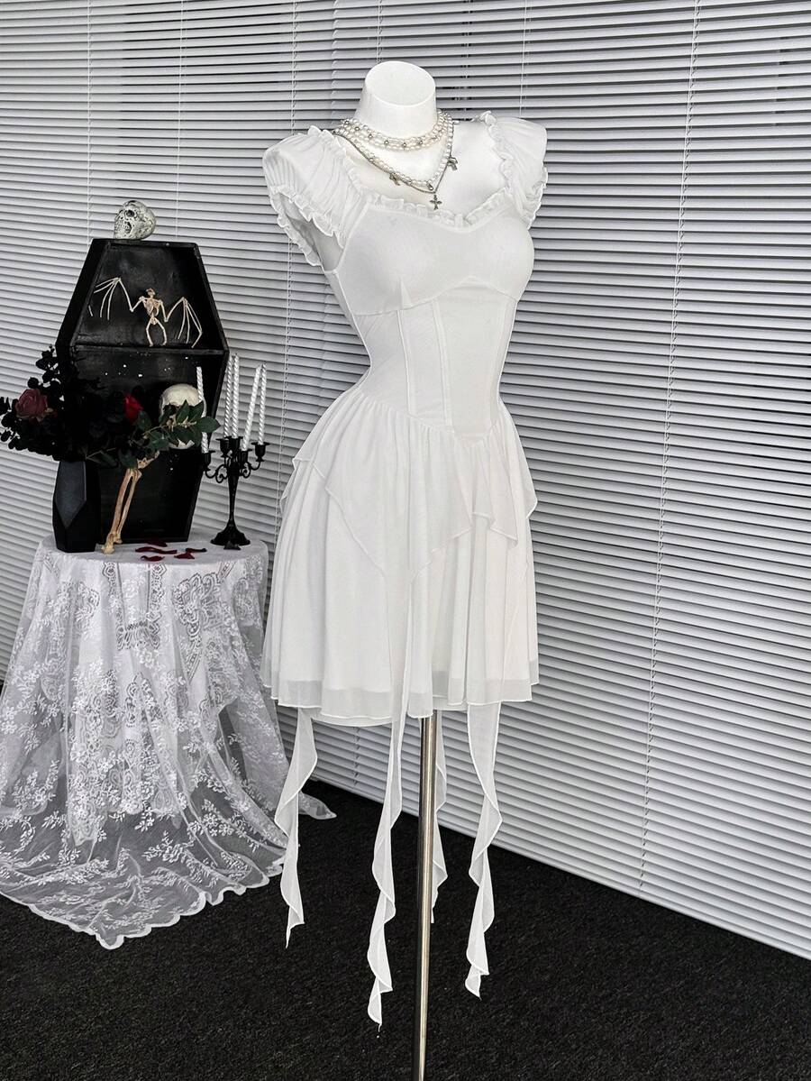 White mesh corset mini dress featuring a sweetheart neckline, cap sleeves, frill trim, and a high-waisted flared A-line silhouette.