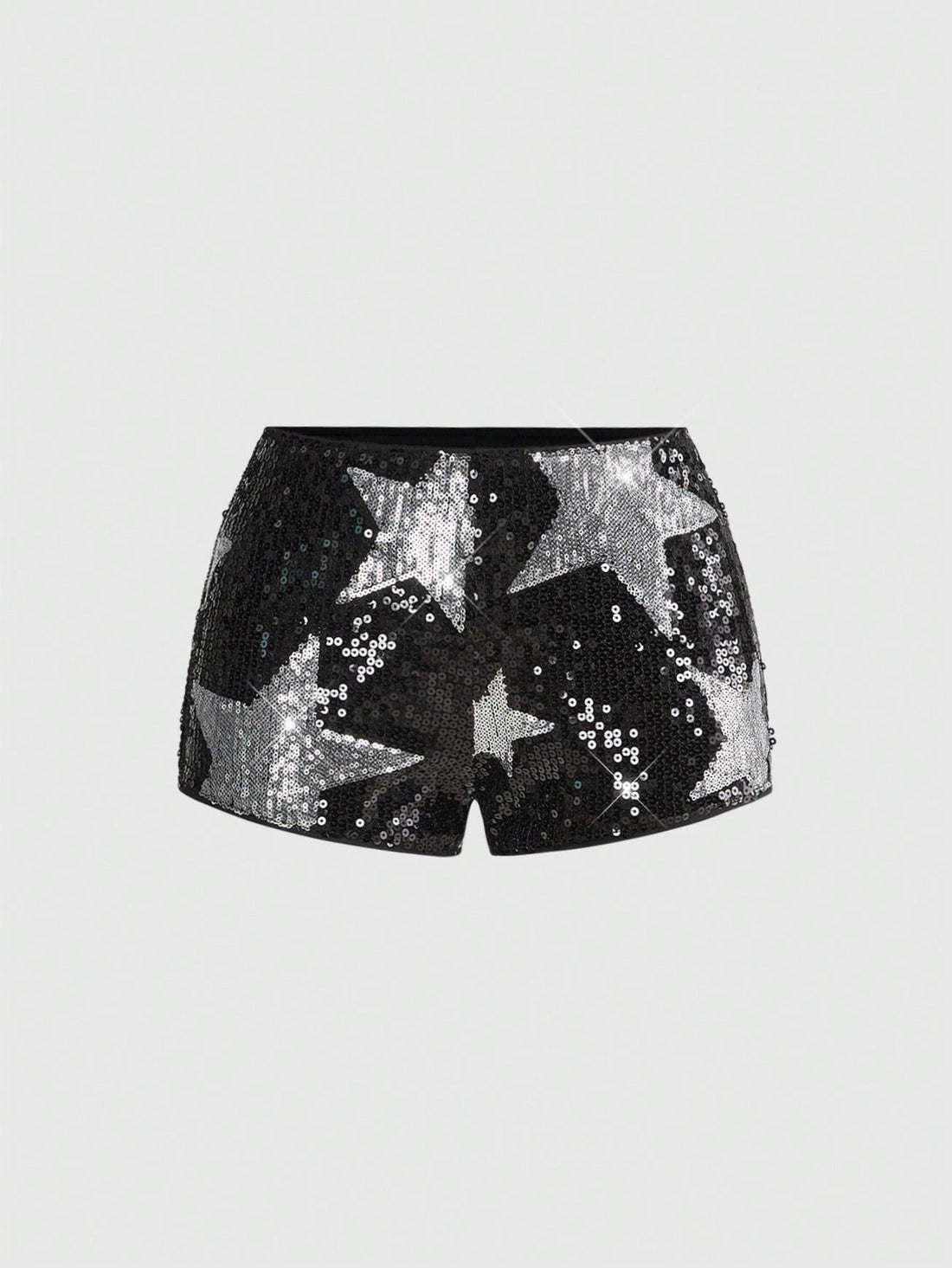 Women's black sequin ultra low-waist mini shorts with sparkling pentagram decor, zipper detail, and elastic waist for party, stage, concert, or Halloween wear