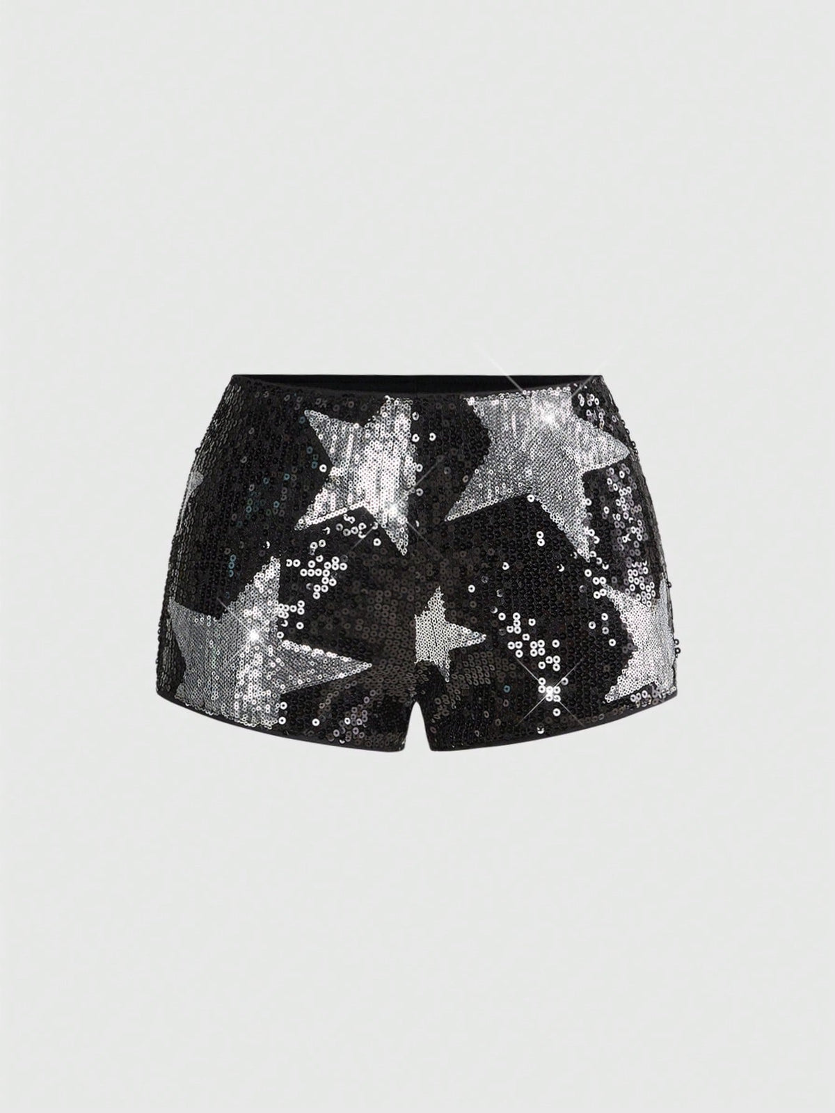 Women's black sequin ultra low-waist mini shorts with sparkling pentagram decor, zipper detail, and elastic waist for party, stage, concert, or Halloween wear
