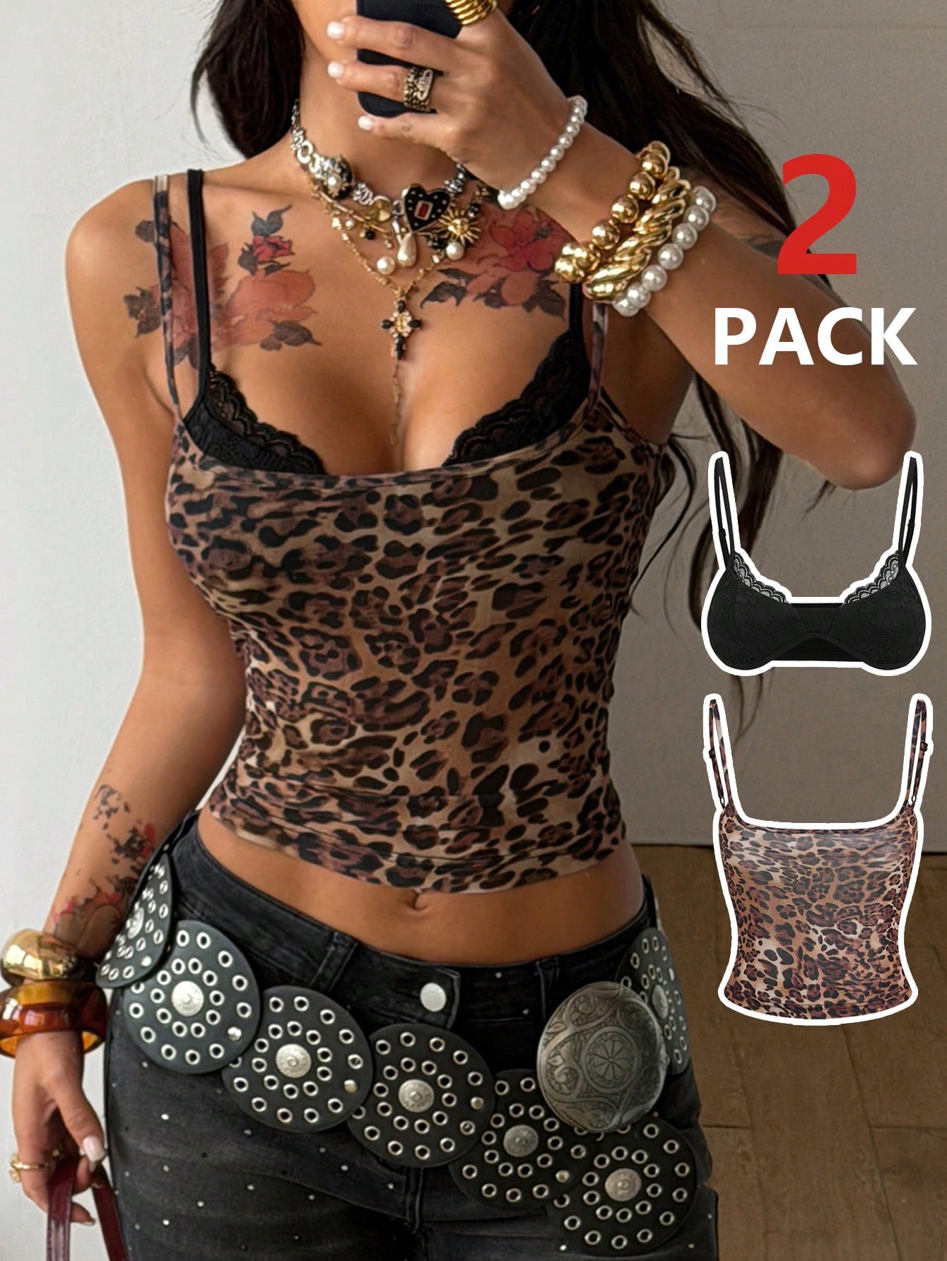 Women's pink leopard print crop camisole with spaghetti straps paired with a black lace spaghetti strap bra in a 2-piece set