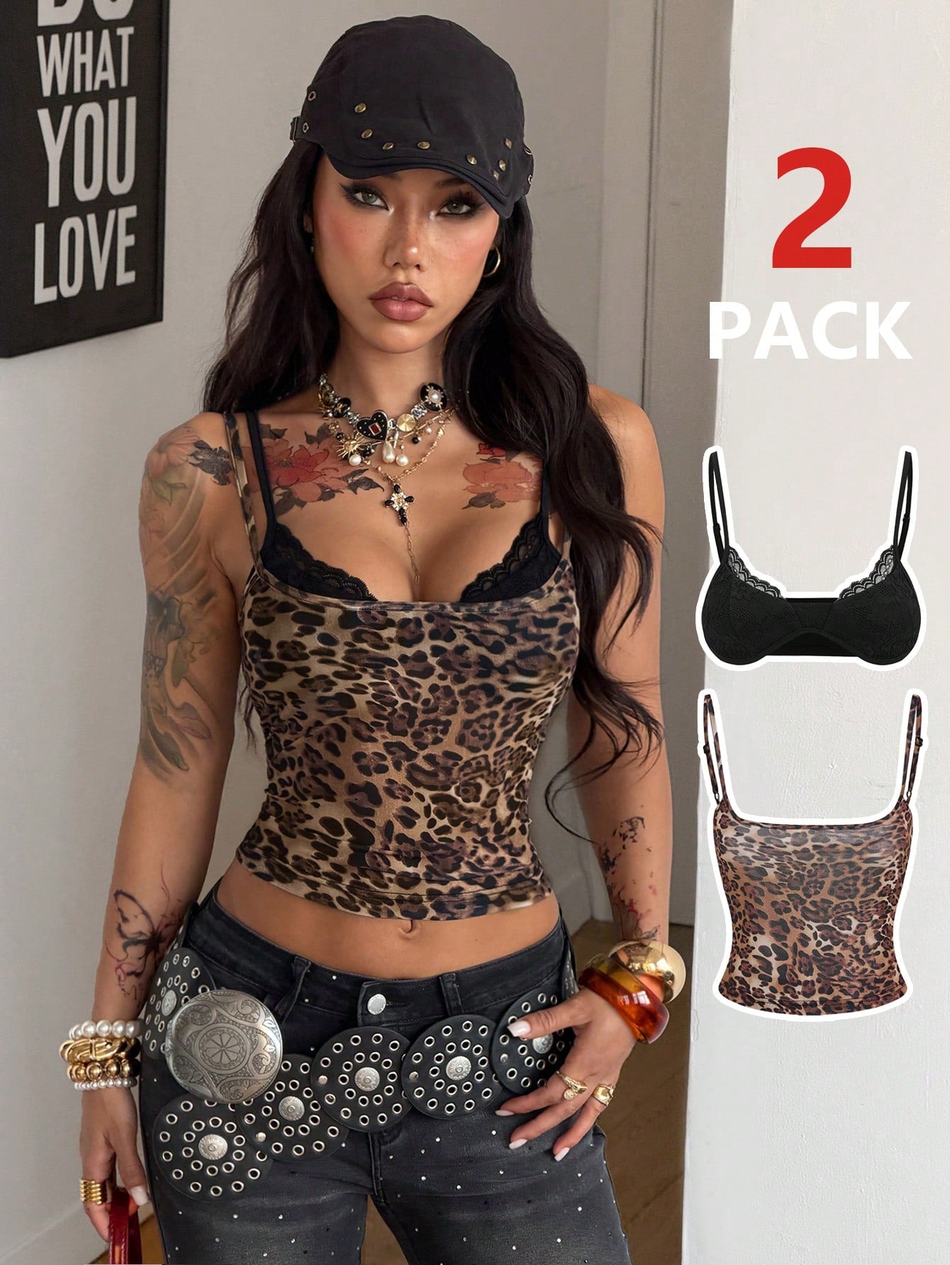 Women's pink leopard print crop camisole with spaghetti straps paired with a black lace spaghetti strap bra in a 2-piece set