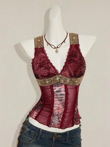 Women's Y2K fitted camisole with V-neckline, contrast lace patchwork, slim fit silhouette, backless design, and asymmetrical hem