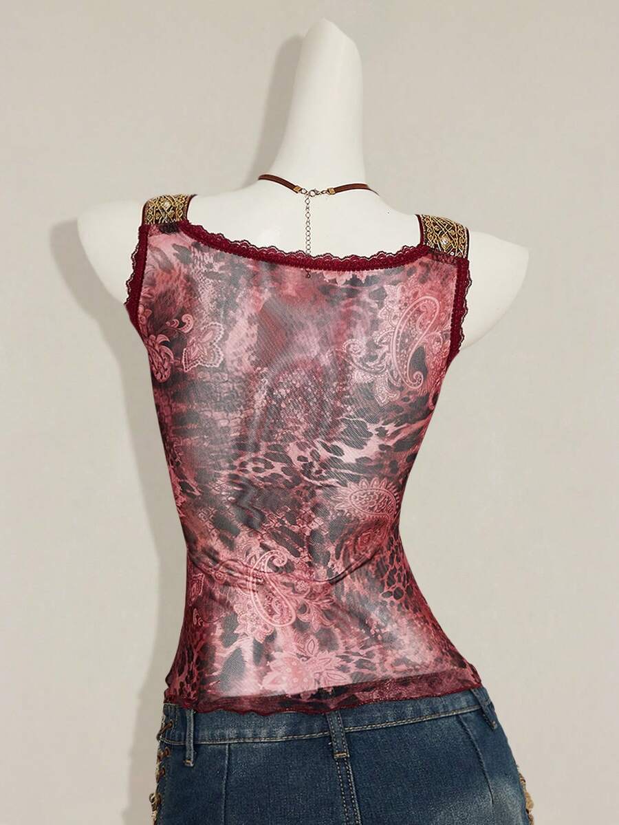 Women's Y2K fitted camisole with V-neckline, contrast lace patchwork, slim fit silhouette, backless design, and asymmetrical hem