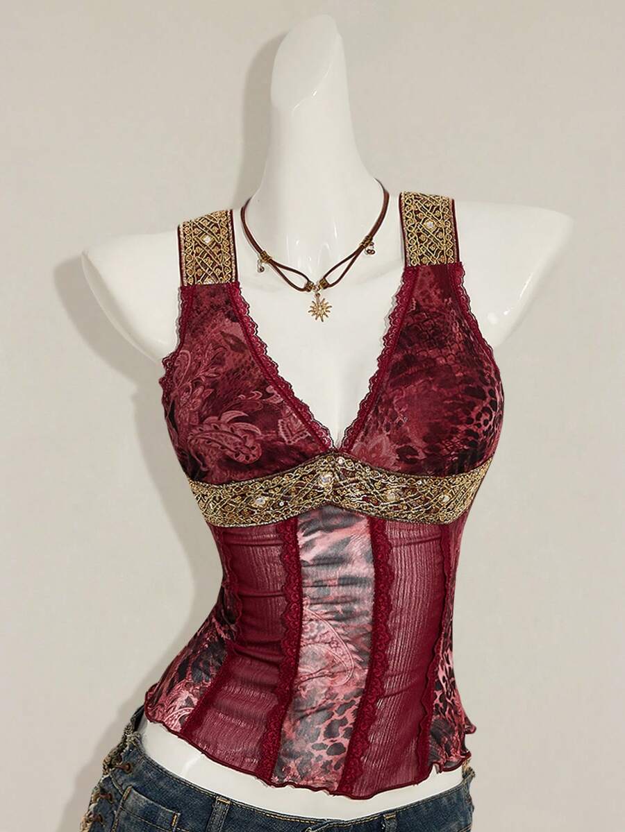 Women's Y2K fitted camisole with V-neckline, contrast lace patchwork, slim fit silhouette, backless design, and asymmetrical hem