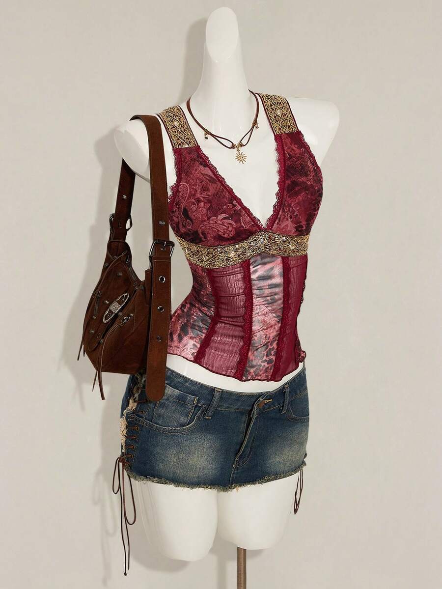 Women's Y2K fitted camisole with V-neckline, contrast lace patchwork, slim fit silhouette, backless design, and asymmetrical hem