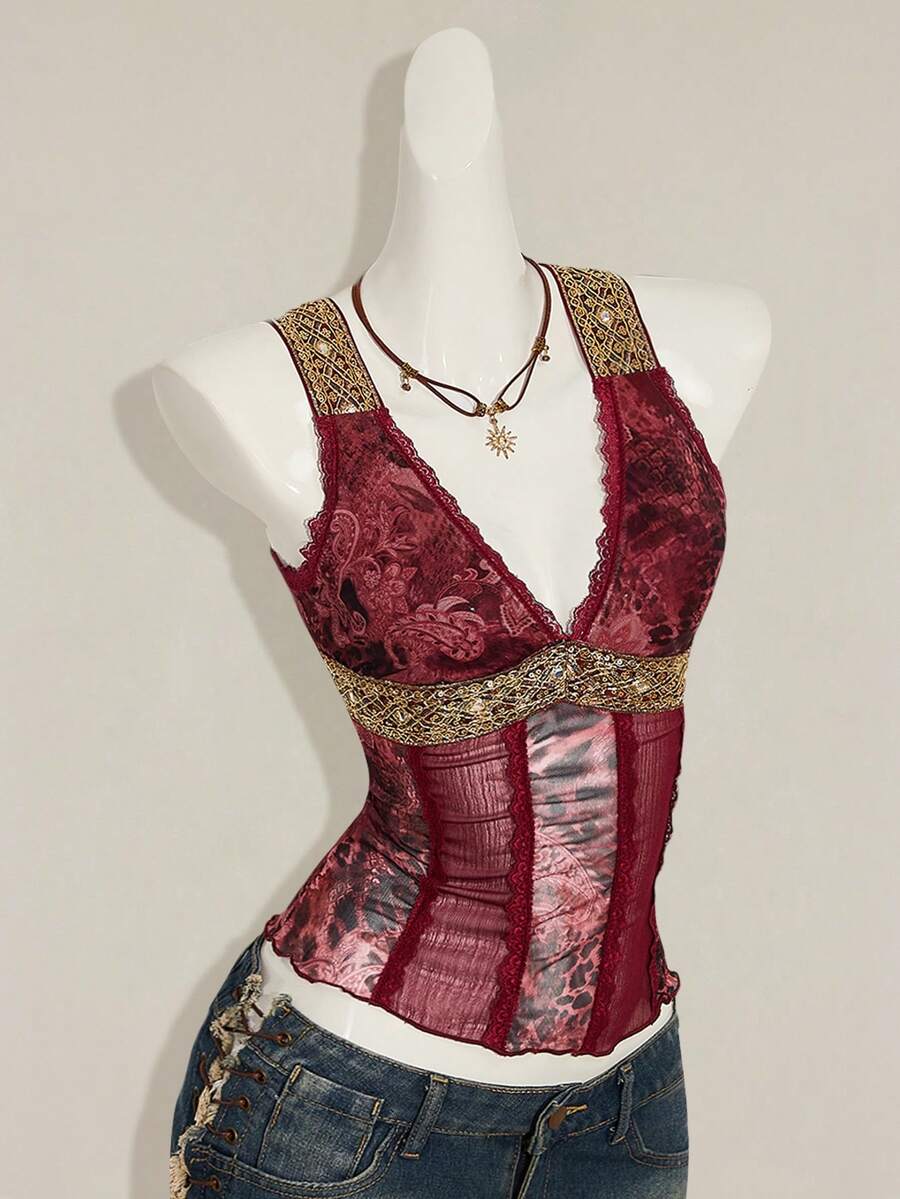 Women's Y2K fitted camisole with V-neckline, contrast lace patchwork, slim fit silhouette, backless design, and asymmetrical hem