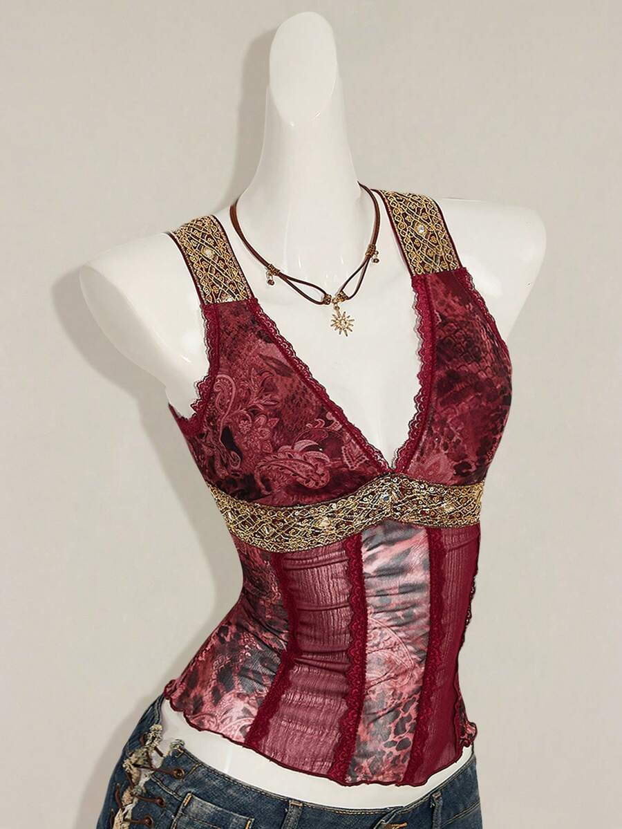 Women's Y2K fitted camisole with V-neckline, contrast lace patchwork, slim fit silhouette, backless design, and asymmetrical hem