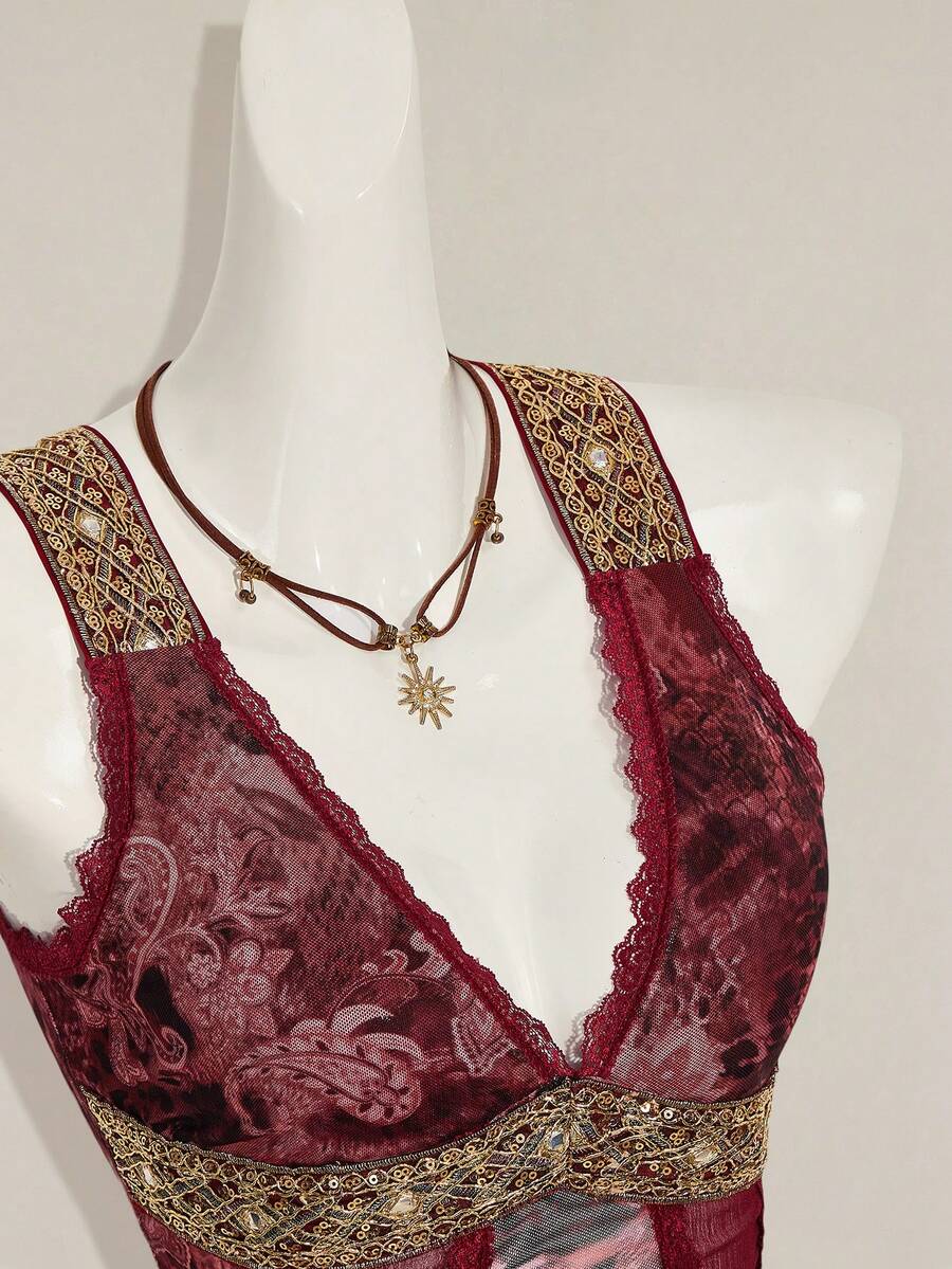 Women's Y2K fitted camisole with V-neckline, contrast lace patchwork, slim fit silhouette, backless design, and asymmetrical hem